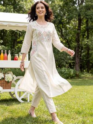 Women Floral Embroidered Regular Thread Work Pure Cotton Kurta with Trousers 1
