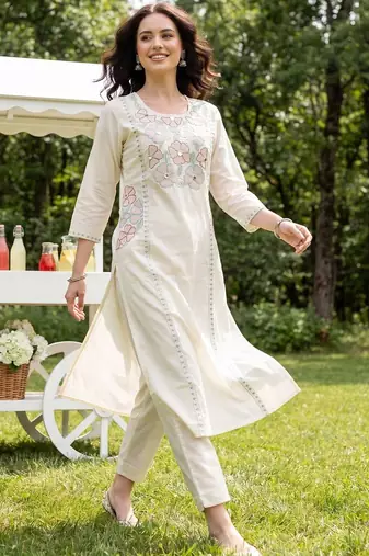 Women Floral Embroidered Regular Thread Work Pure Cotton Kurta with Trousers