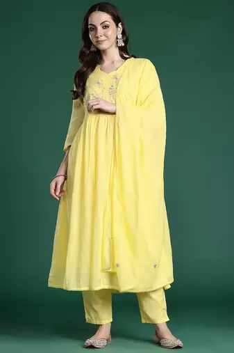 Floral Embroidered Thread Work Pure Cotton Kurta with Trousers & With Dupatta