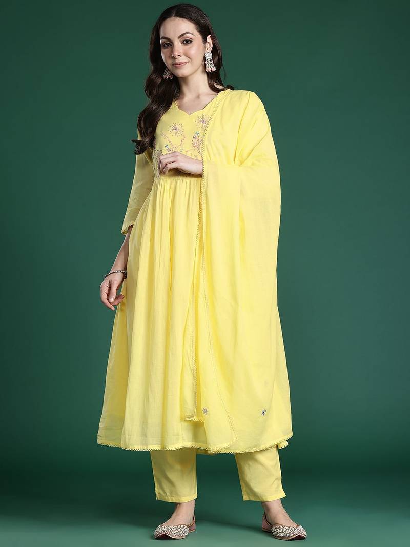 Floral Embroidered Thread Work Pure Cotton Kurta with Trousers & With Dupatta