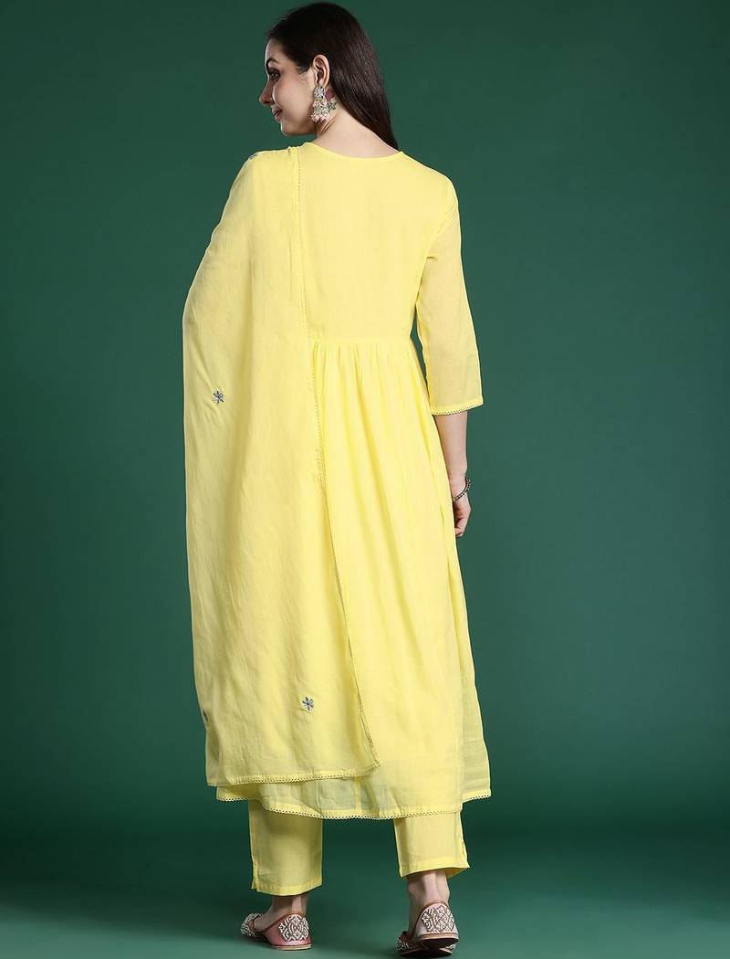 Floral Embroidered Thread Work Pure Cotton Kurta with Trousers & With Dupatta