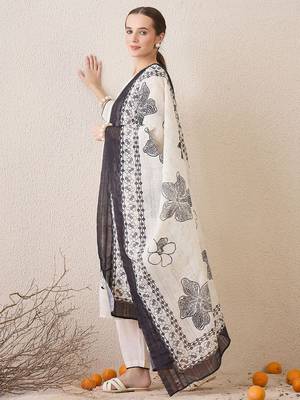 Floral Embroidered Notch Neck Sequinned Linen Kurta With Trousers & Dupatta 1