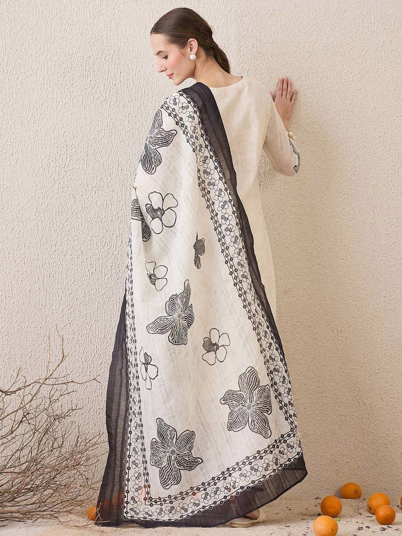 Floral Embroidered Notch Neck Sequinned Linen Kurta With Trousers & Dupatta