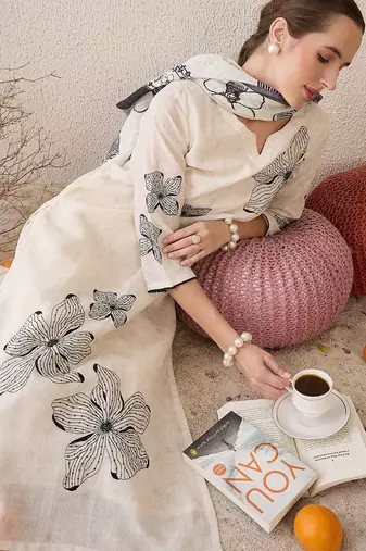 Floral Embroidered Notch Neck Sequinned Linen Kurta With Trousers & Dupatta