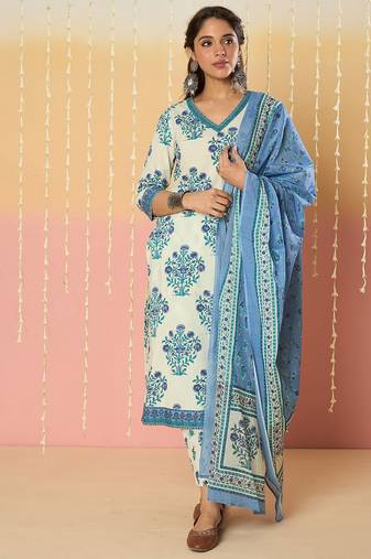 Women Floral Printed Cotton Kurta with Trousers & With Dupatta