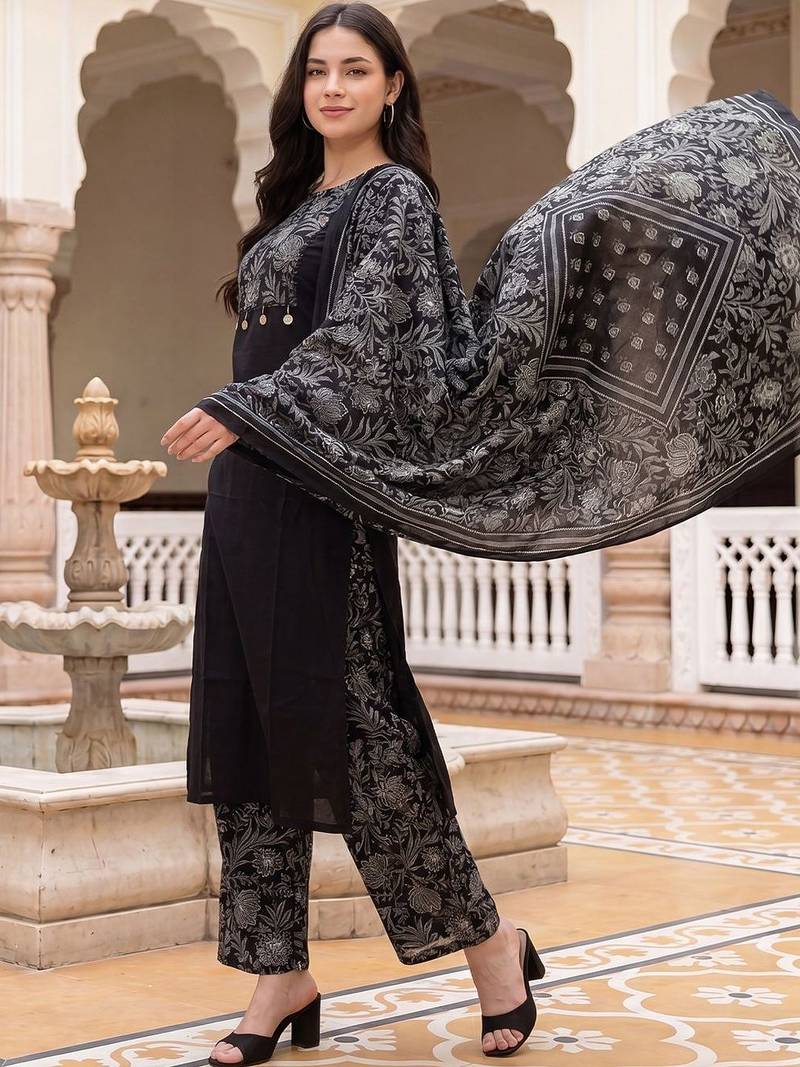 Women Ethnic Motifs Printed Regular Pure Cotton Kurta with Palazzos & With Dupatta