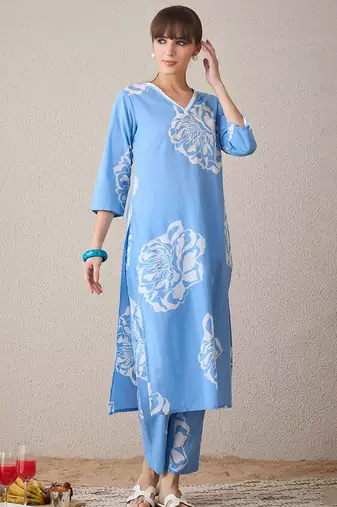 Floral Printed V-Neck Pure Cotton Straight Kurta With Trousers