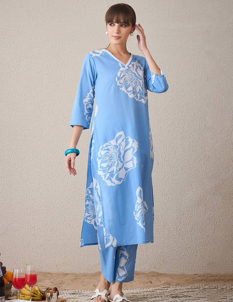 Floral Printed V-Neck  Cotton Straight Kurta With Trousers