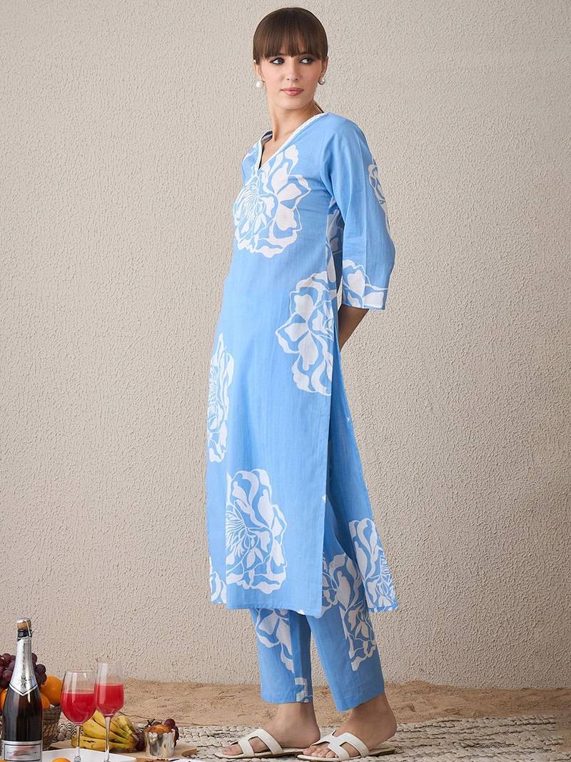Floral Printed V-Neck  Cotton Straight Kurta With Trousers