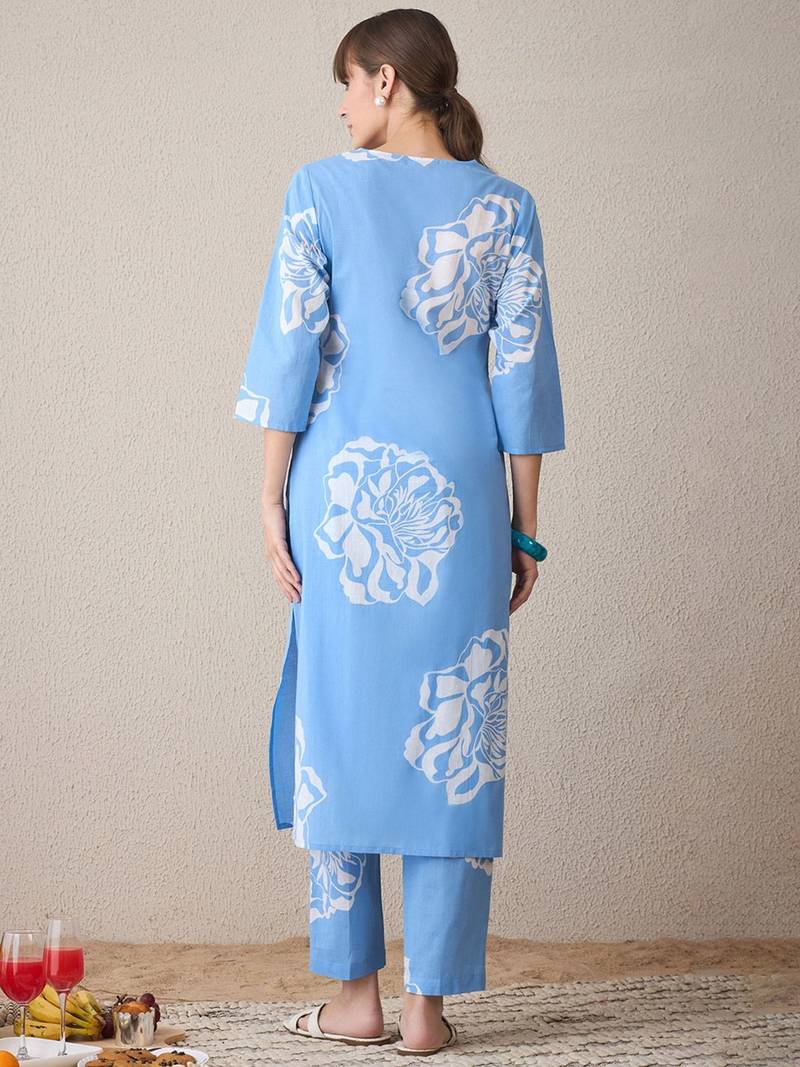 Floral Printed V-Neck  Cotton Straight Kurta With Trousers