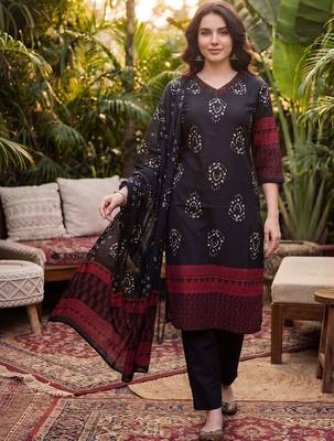 Women Ethnic Motifs Printed Regular Thread Work  Cotton Kurta with Trousers & With Dupatta 1