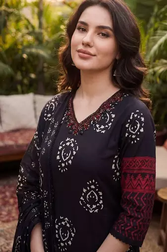 Women Ethnic Motifs Printed Regular Thread Work Pure Cotton Kurta with Trousers & With Dupatta