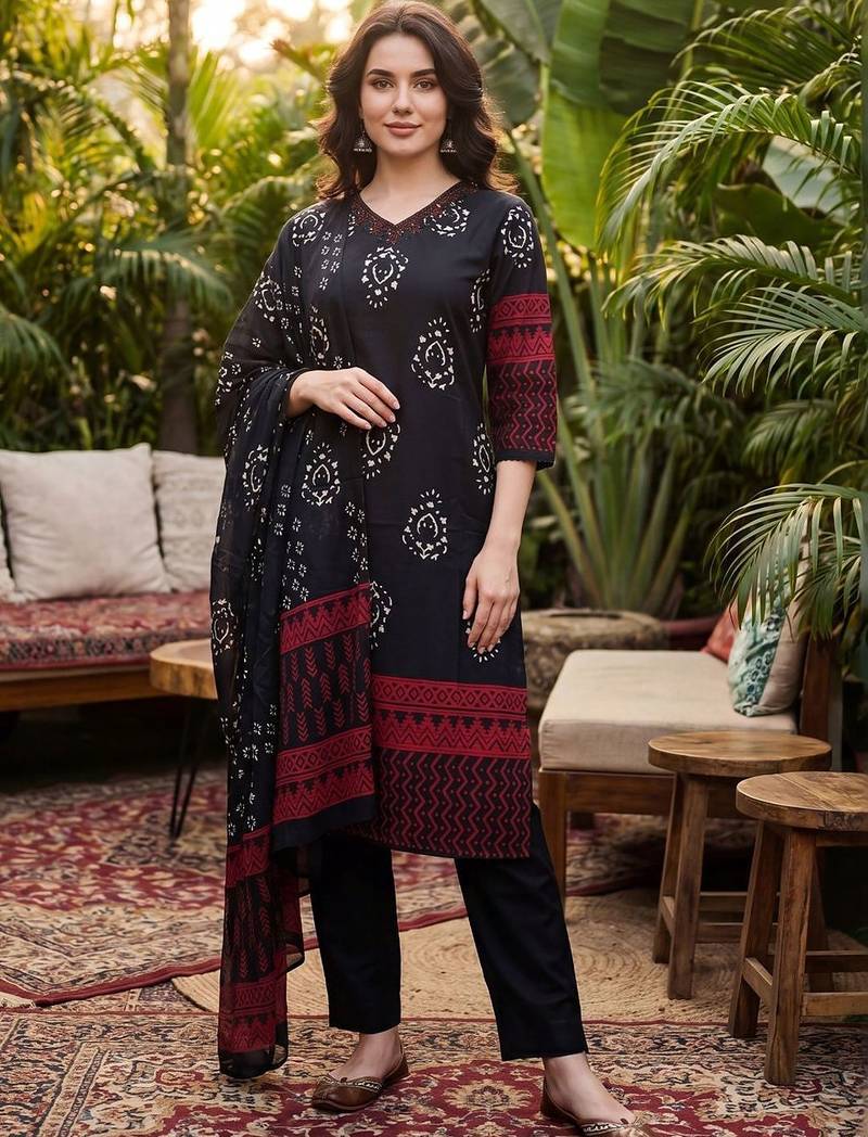 Women Ethnic Motifs Printed Regular Thread Work  Cotton Kurta with Trousers & With Dupatta