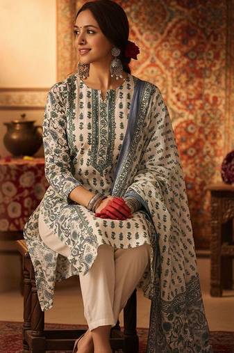 Ethnic Motifs Printed  Cotton Kurta With Trousers & Dupatta