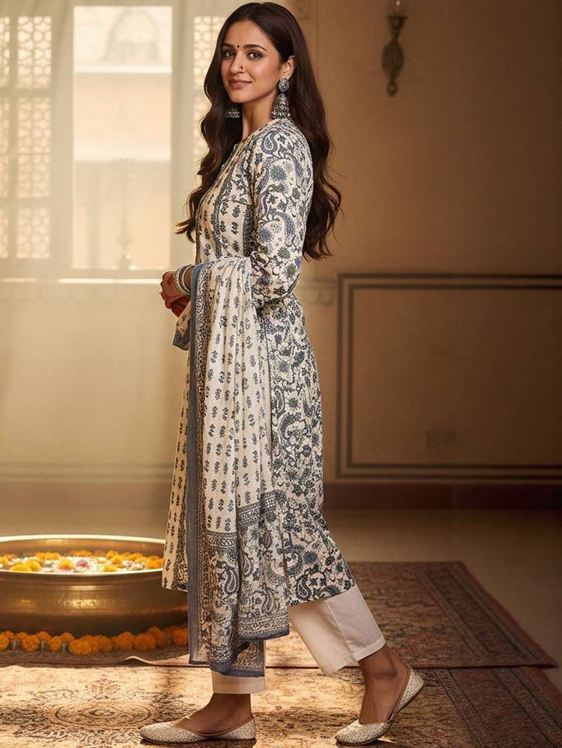 Ethnic Motifs Printed  Cotton Kurta With Trousers & Dupatta