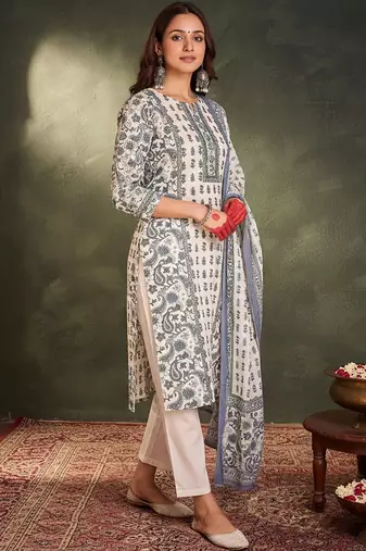 Ethnic Motifs Printed  Cotton Kurta With Trousers & Dupatta
