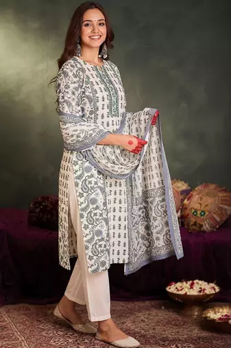 Ethnic Motifs Printed  Cotton Kurta With Trousers & Dupatta