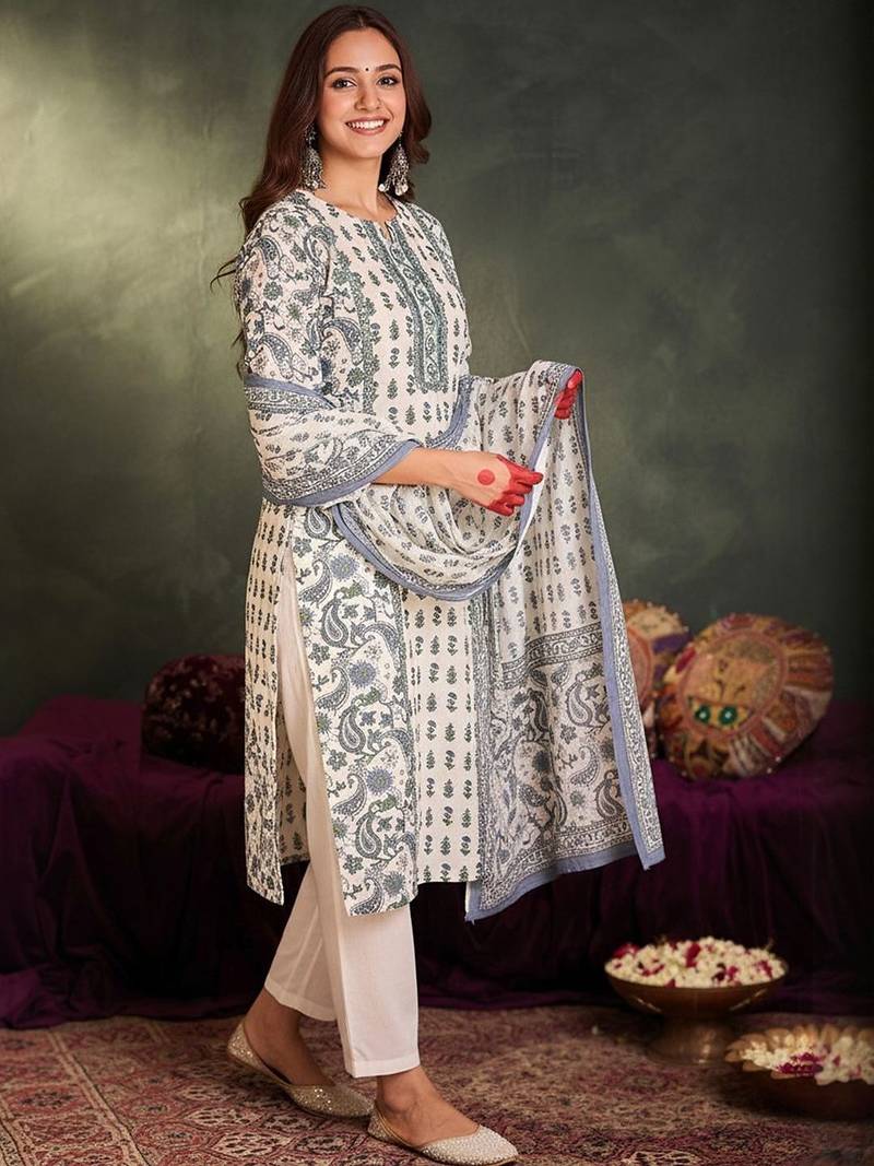 Ethnic Motifs Printed  Cotton Kurta With Trousers & Dupatta