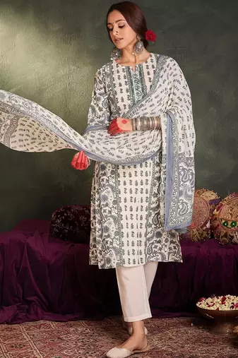 Ethnic Motifs Printed  Cotton Kurta With Trousers & Dupatta