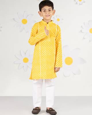 Boys' yellow and white cotton kurta and pyjama set 1
