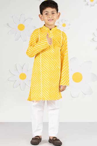 Boys' yellow and white cotton kurta and pyjama set