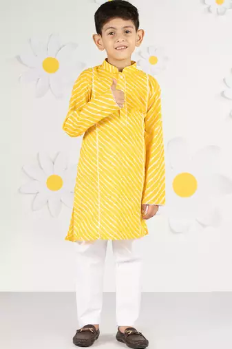 Boys' yellow and white cotton kurta and pyjama set