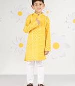 Boys' yellow and white cotton kurta and pyjama set