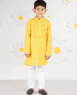 Boys' yellow and white cotton kurta and pyjama set 2