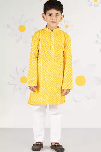 Boys' yellow and white cotton kurta and pyjama set