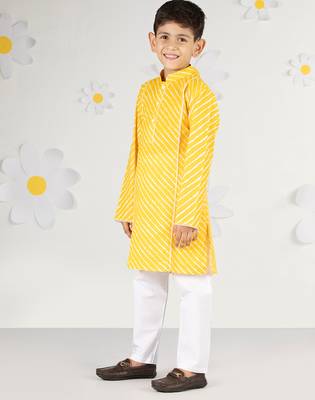 Boys' yellow and white cotton kurta and pyjama set 4