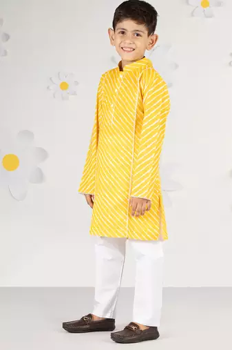 Boys' yellow and white cotton kurta and pyjama set