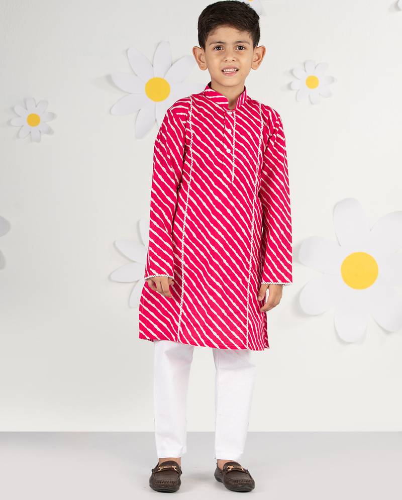 boys' pink and white cotton kurta and pyjama set