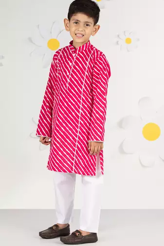 boys' pink and white cotton kurta and pyjama set