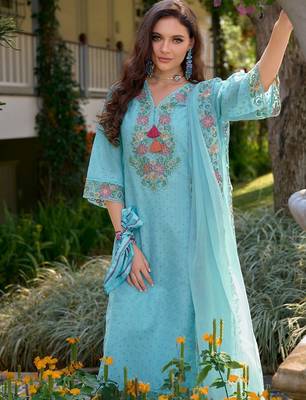 Floral Embroidered V Neck  Cotton Kurta With Trousers & Dupatta 1