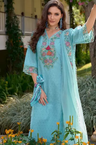 Floral Embroidered V Neck  Cotton Kurta With Trousers & Dupatta