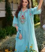 Floral Embroidered V Neck  Cotton Kurta With Trousers & Dupatta