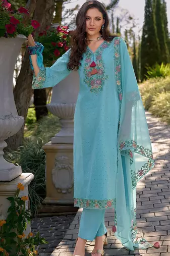 Floral Embroidered V Neck  Cotton Kurta With Trousers & Dupatta