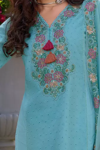 Floral Embroidered V Neck  Cotton Kurta With Trousers & Dupatta