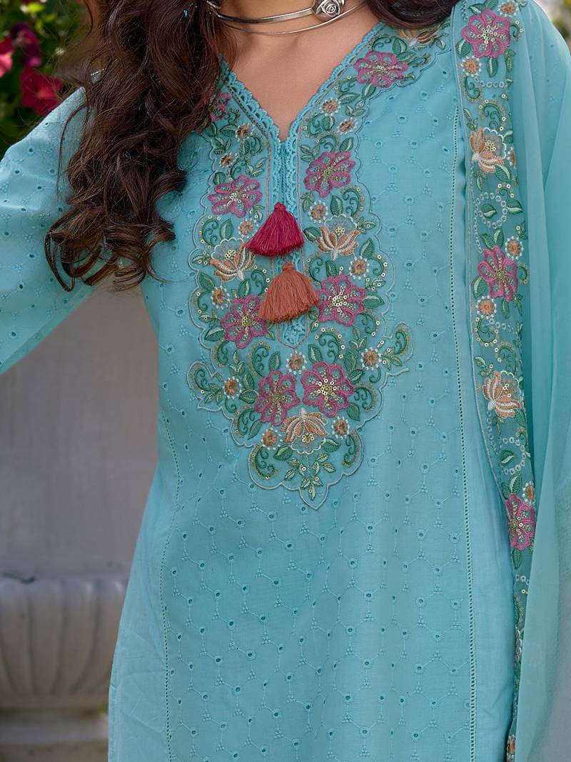 Floral Embroidered V Neck  Cotton Kurta With Trousers & Dupatta