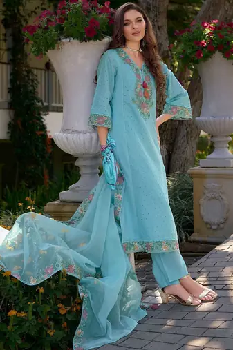 Floral Embroidered V Neck  Cotton Kurta With Trousers & Dupatta