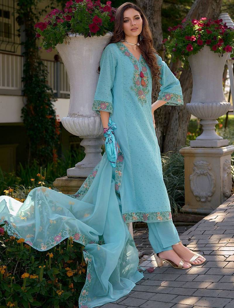 Floral Embroidered V Neck  Cotton Kurta With Trousers & Dupatta