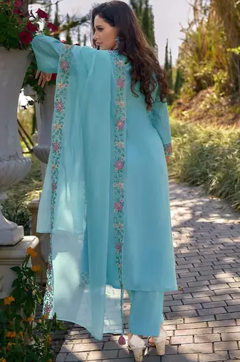 Floral Embroidered V Neck  Cotton Kurta With Trousers & Dupatta