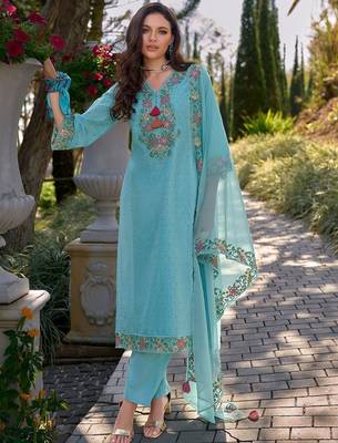 Floral Embroidered V Neck  Cotton Kurta With Trousers & Dupatta 6