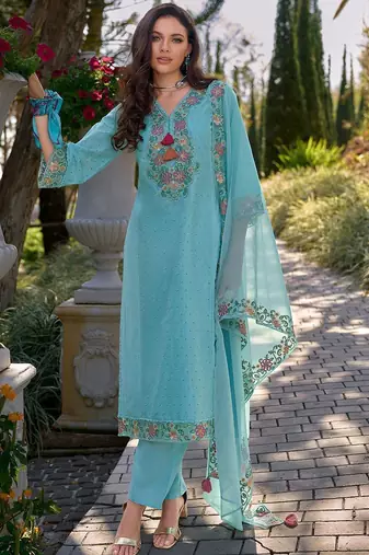 Floral Embroidered V Neck  Cotton Kurta With Trousers & Dupatta