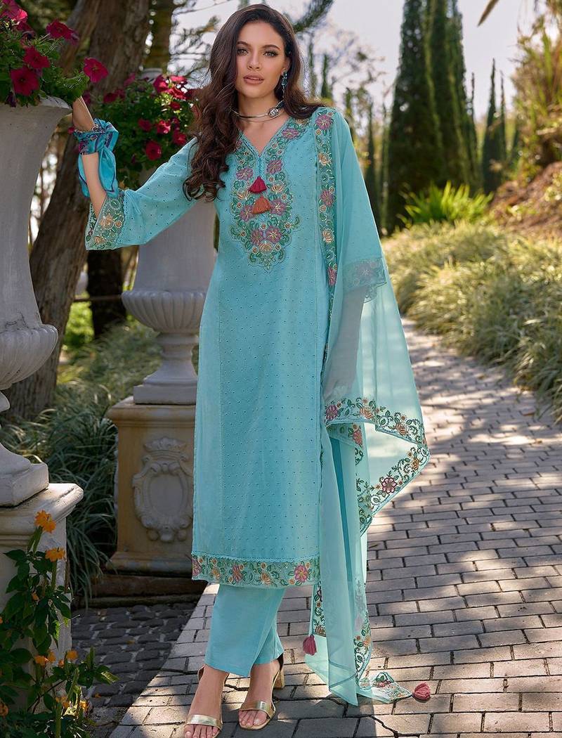 Floral Embroidered V Neck  Cotton Kurta With Trousers & Dupatta