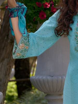 Floral Embroidered V Neck  Cotton Kurta With Trousers & Dupatta 7