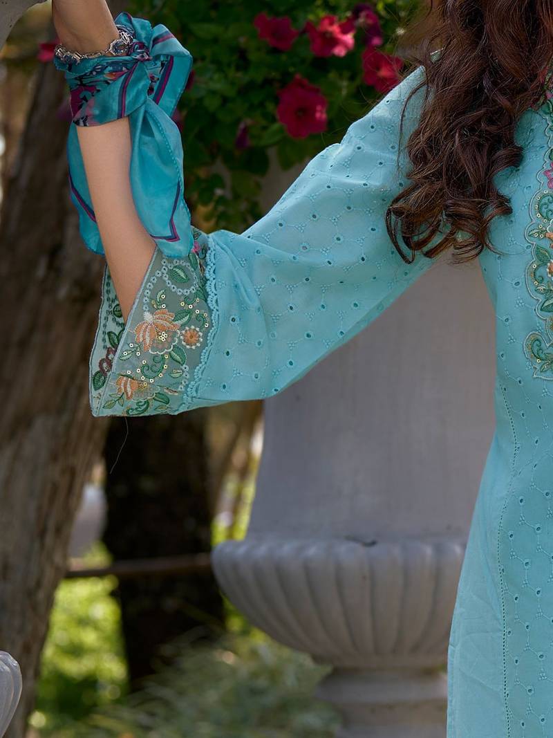 Floral Embroidered V Neck  Cotton Kurta With Trousers & Dupatta