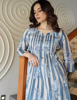 Floral Printed Round Neck A-Line Pure Cotton Kurta With Trousers 1