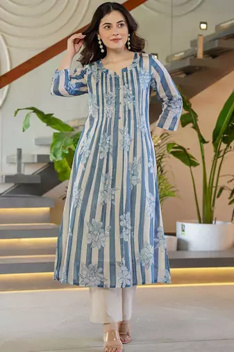 Floral Printed Round Neck A-Line Pure Cotton Kurta With Trousers