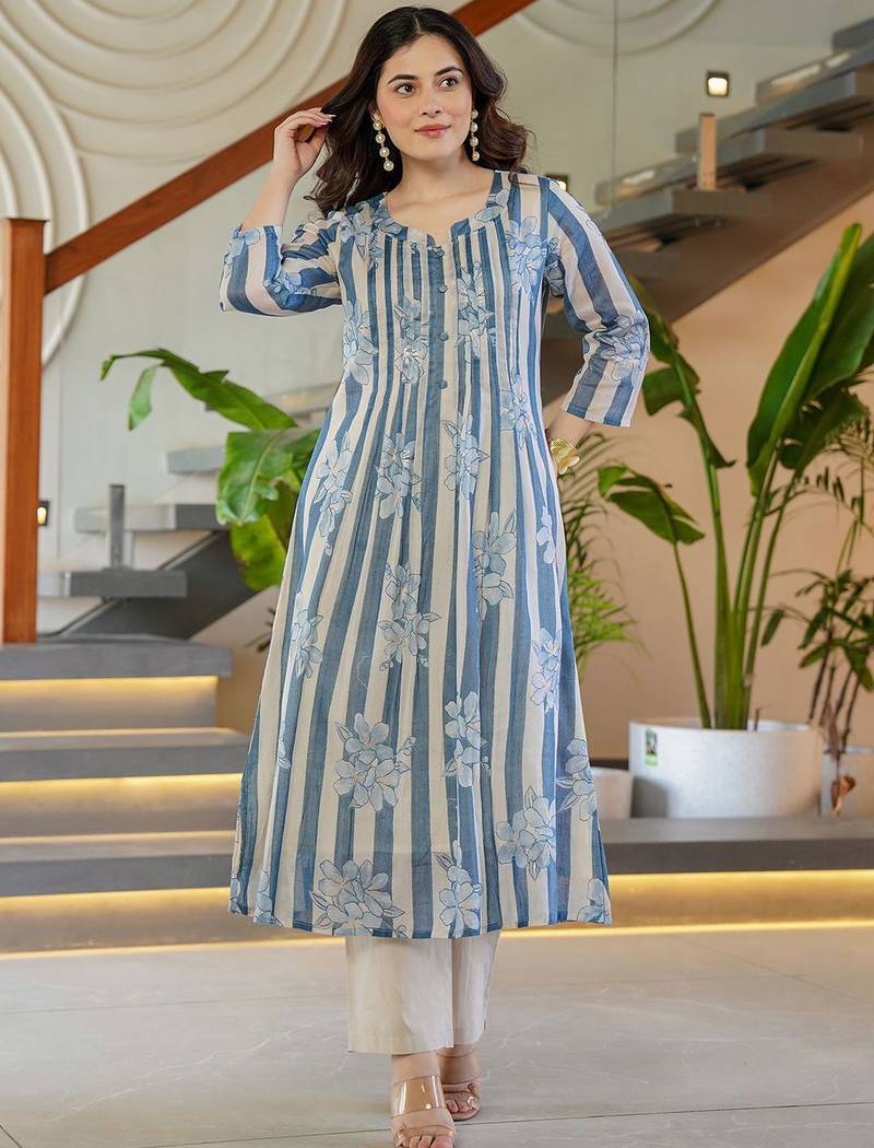 Floral Printed Round Neck A-Line Pure Cotton Kurta With Trousers